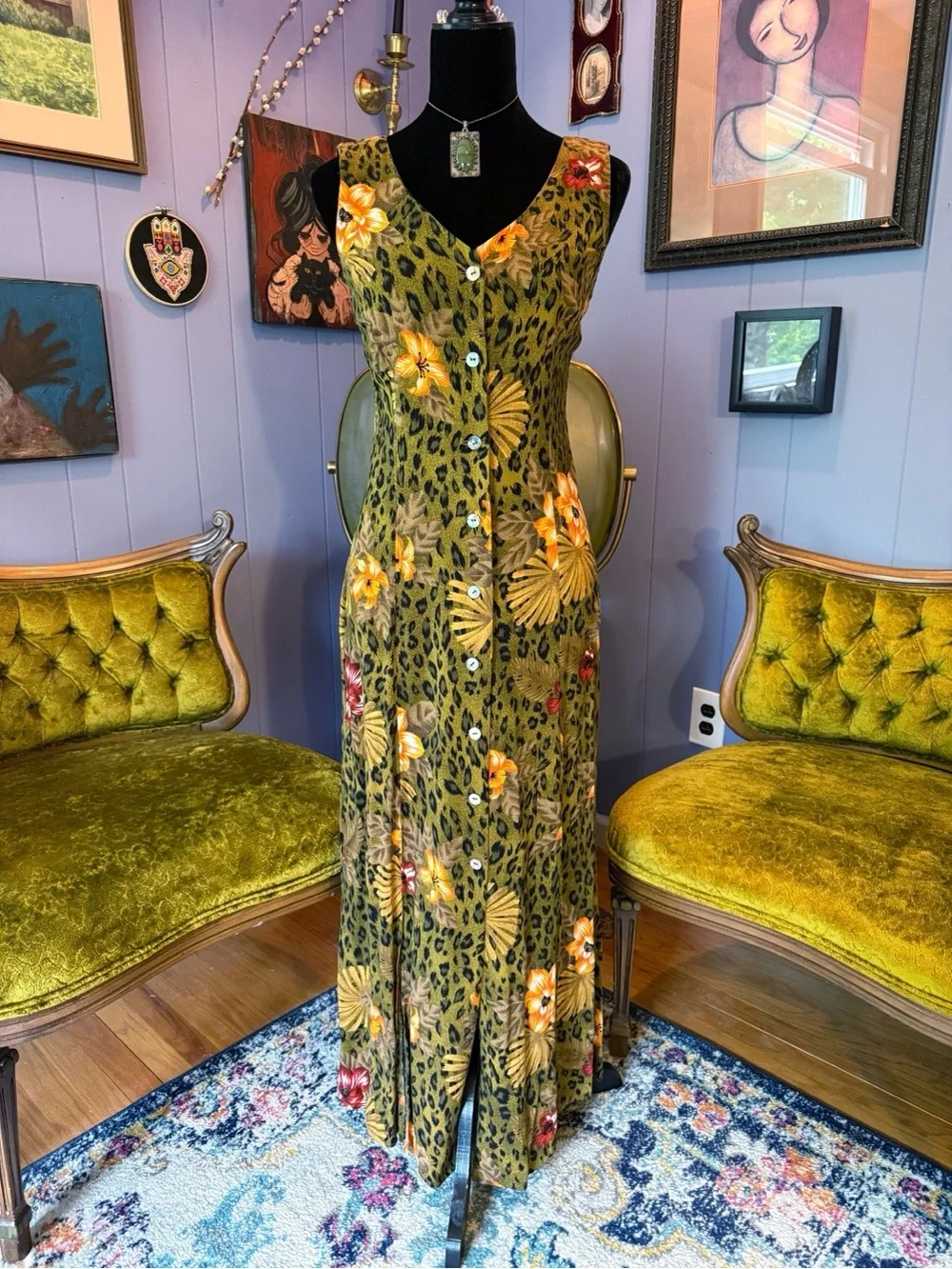 Vintage Dresses | Vintage 90s Scarlett Floral And Animal Print Rayon Maxi Dress Size M | Color: Green/Orange | Size: M | Vintageearthllc's Closet Vintage Dresses | Vintage 90s Scarlett Floral And Animal Print Rayon Maxi Dress Size M | Color: Green/Orange | Size: M | Vintageearthllc's Closet